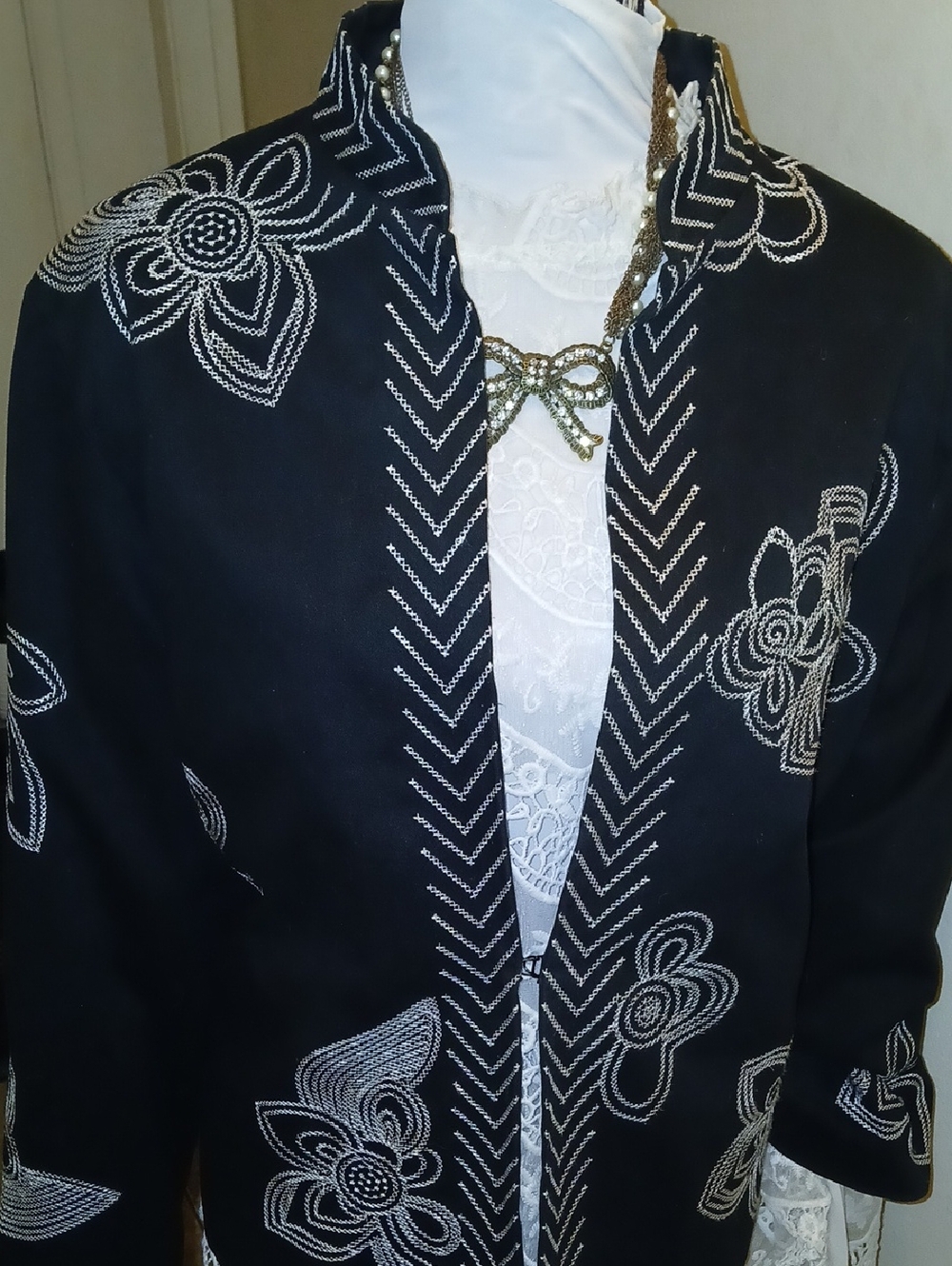 Carole Little Black Jacket with White Embroidered Floral Design
